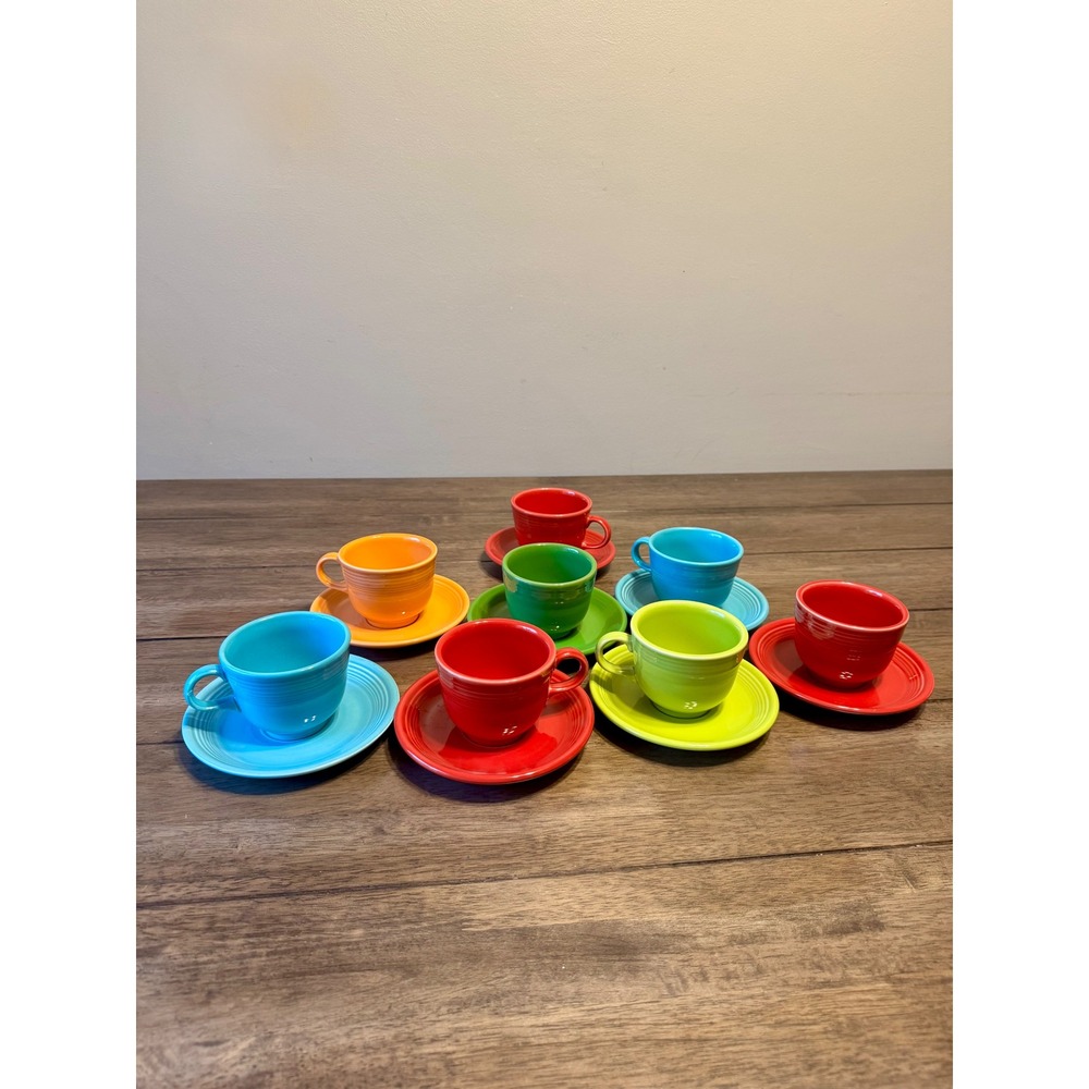 Fiesta Homer Laughlin Tea Cup and Saucer Sets Mixed Rainbow Colors Lot of 8